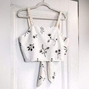 ZARA White Linen Blend Embroidered Crop Top Tie Front Floral Boho Size L
